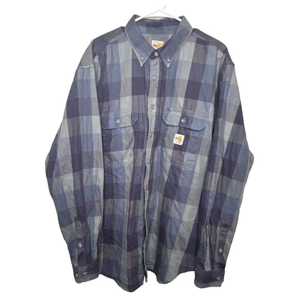 Carhartt FR Plaid Shirt Mens XL Flame Resistant Blue Gray Work Button Down